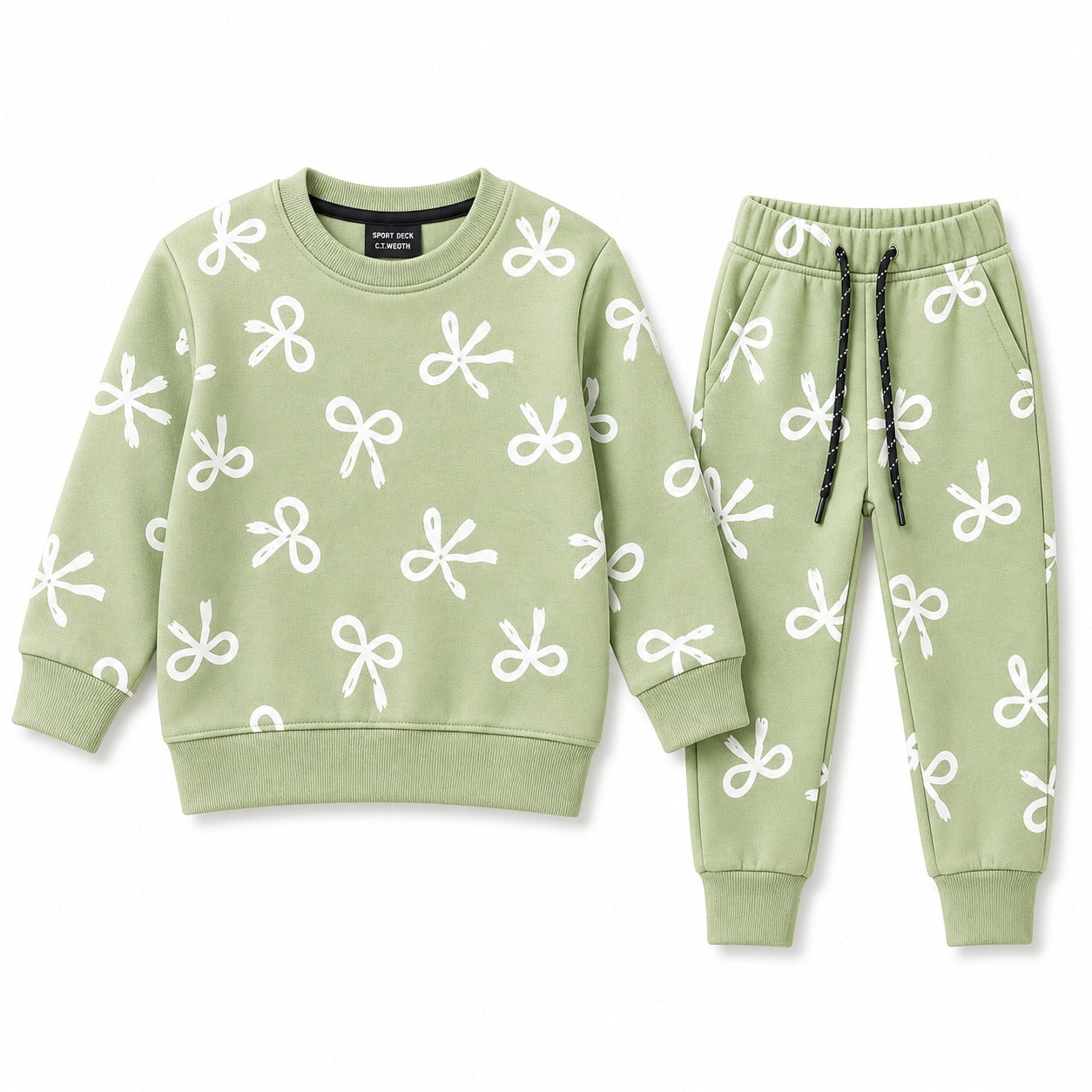 Kids Sage Green Bow Print Sweatshirt & Jogger Set