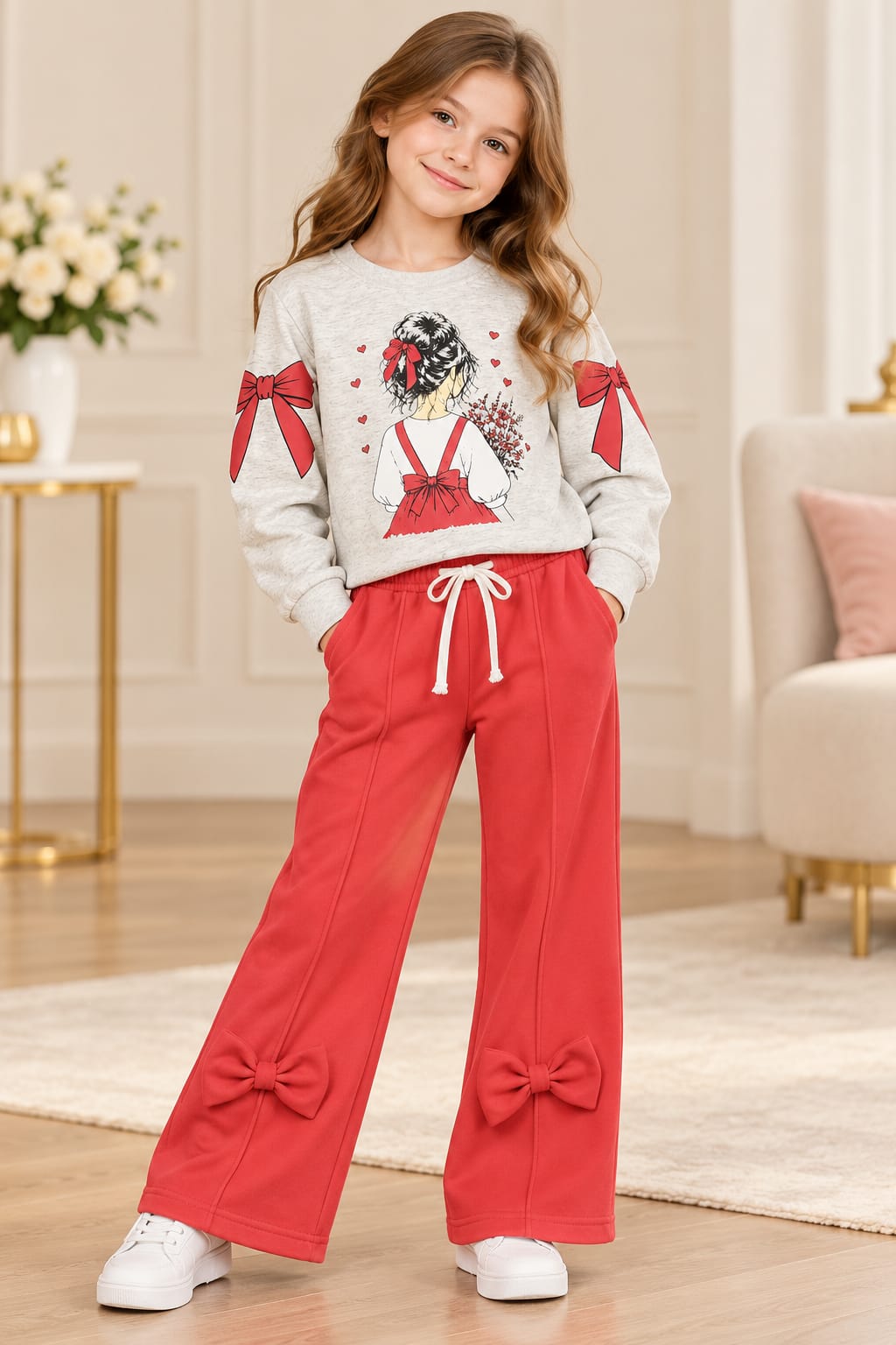 Girls Red Bow Sweatshirt & Trouser Set