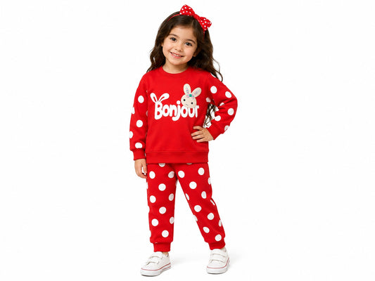 Girls Red Polka Dot Bunny "Bonjour" Sweatshirt & Jogger Set
