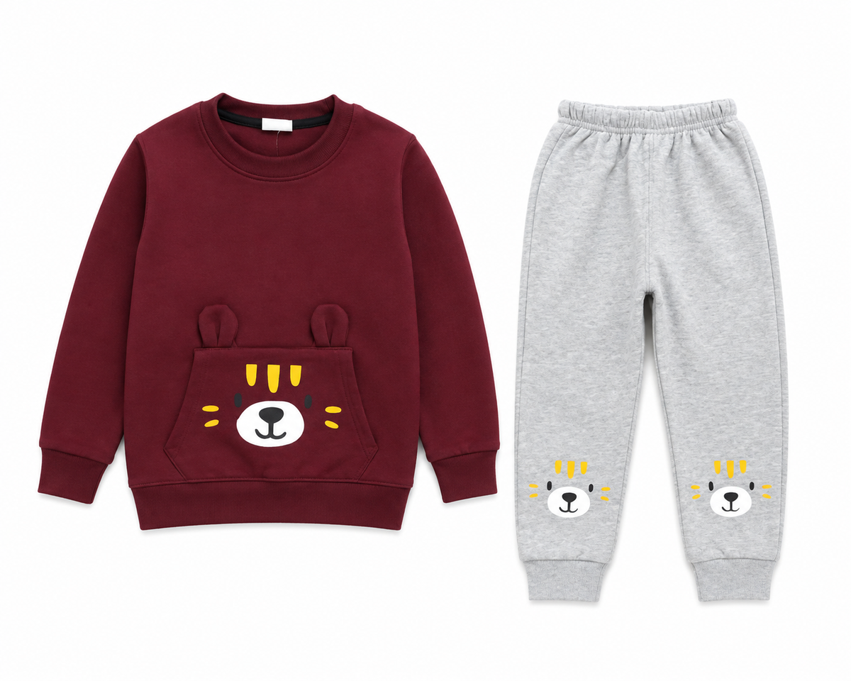 Kids Maroon Bear Pocket Sweatshirt & Jogger Set