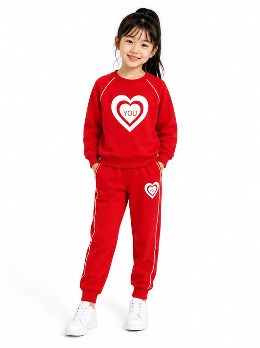 Girls Red Heart Printed Tracksuit