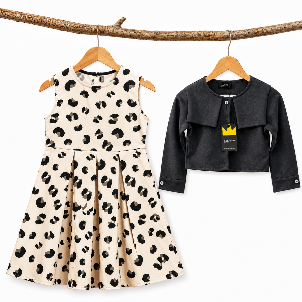 Girls Leopard Print Dress with Charcoal Cardigan Set