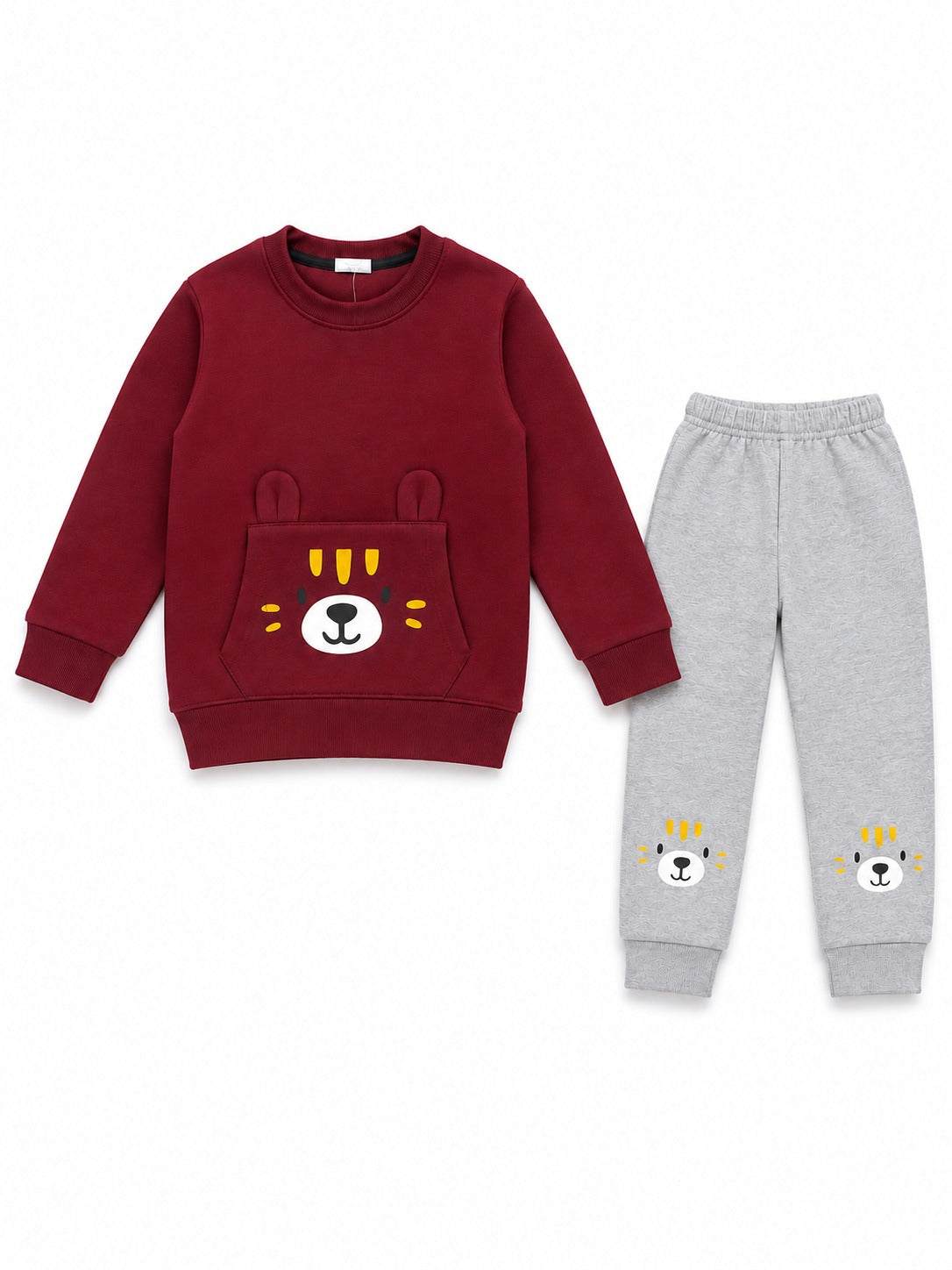 Kids Maroon Bear Pocket Sweatshirt & Jogger Set