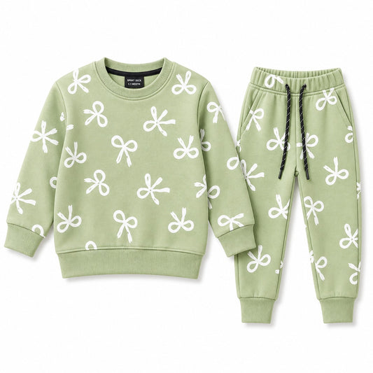 Kids Sage Green Bow Print Sweatshirt & Jogger Set