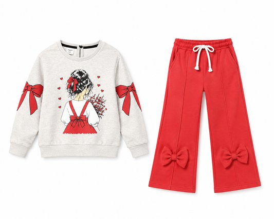 Girls Red Bow Sweatshirt & Trouser Set