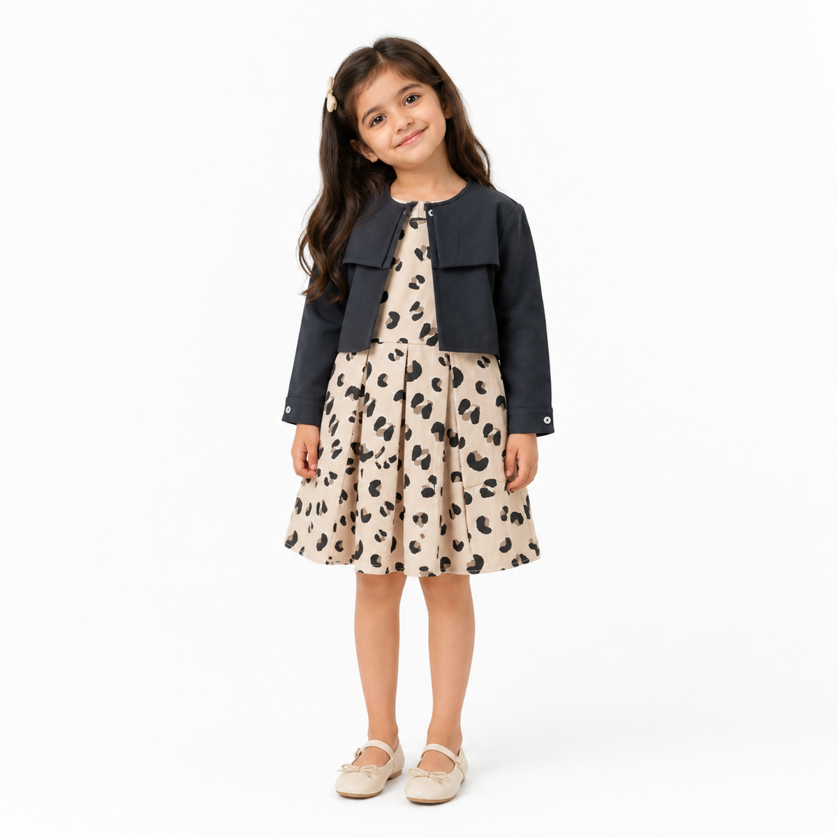 Girls Leopard Print Dress with Charcoal Cardigan Set