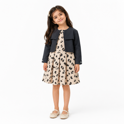 Girls Leopard Print Dress with Charcoal Cardigan Set