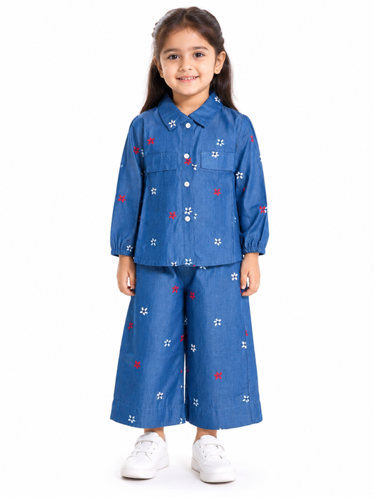 Kids Embroidered Denim Shirt & Pants Set