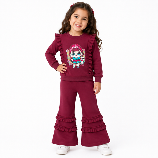 Girls Burgundy Ruffle Tracksuit