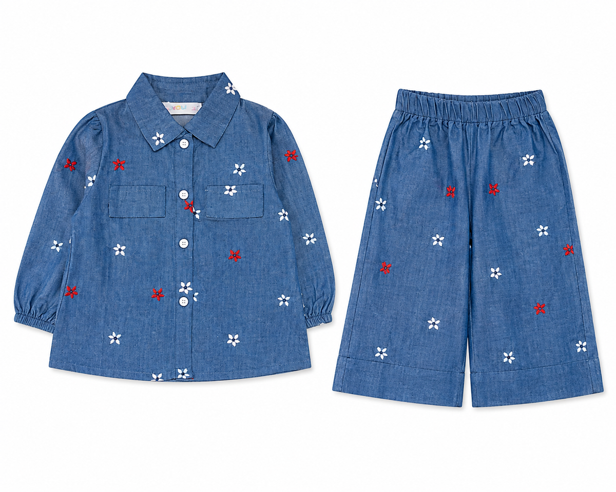 Kids Embroidered Denim Shirt & Pants Set