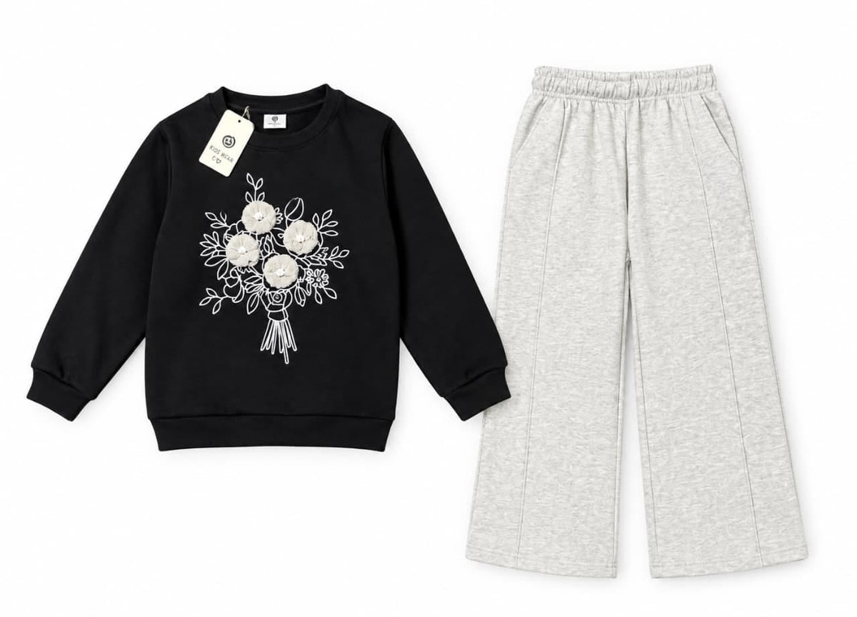 Black Floral Sweatshirt with Wide-Leg Trouser