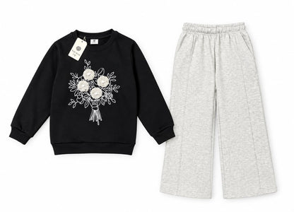 Black Floral Sweatshirt with Wide-Leg Trouser