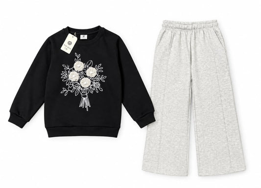Black Floral Sweatshirt with Wide-Leg Trouser