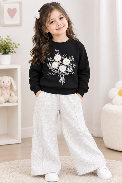 Black Floral Sweatshirt with Wide-Leg Trouser