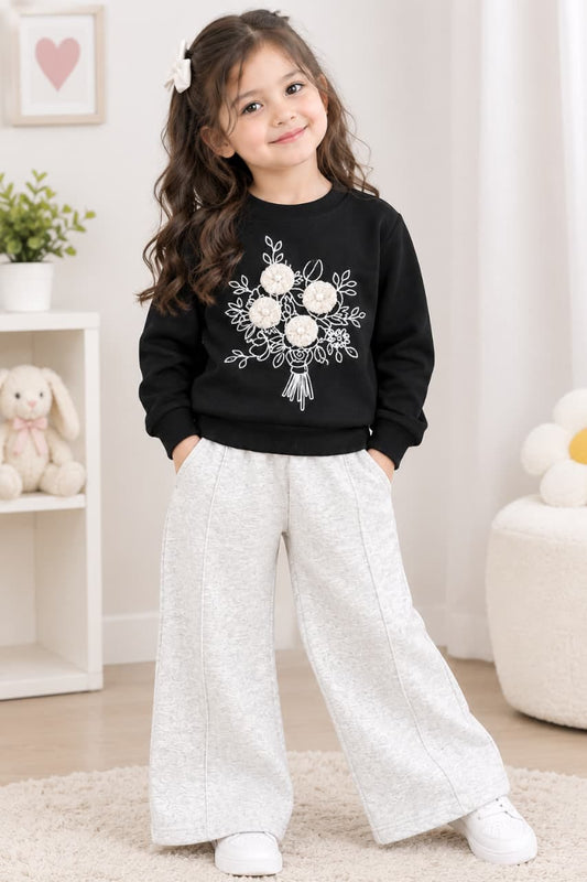 Black Floral Sweatshirt with Wide-Leg Trouser