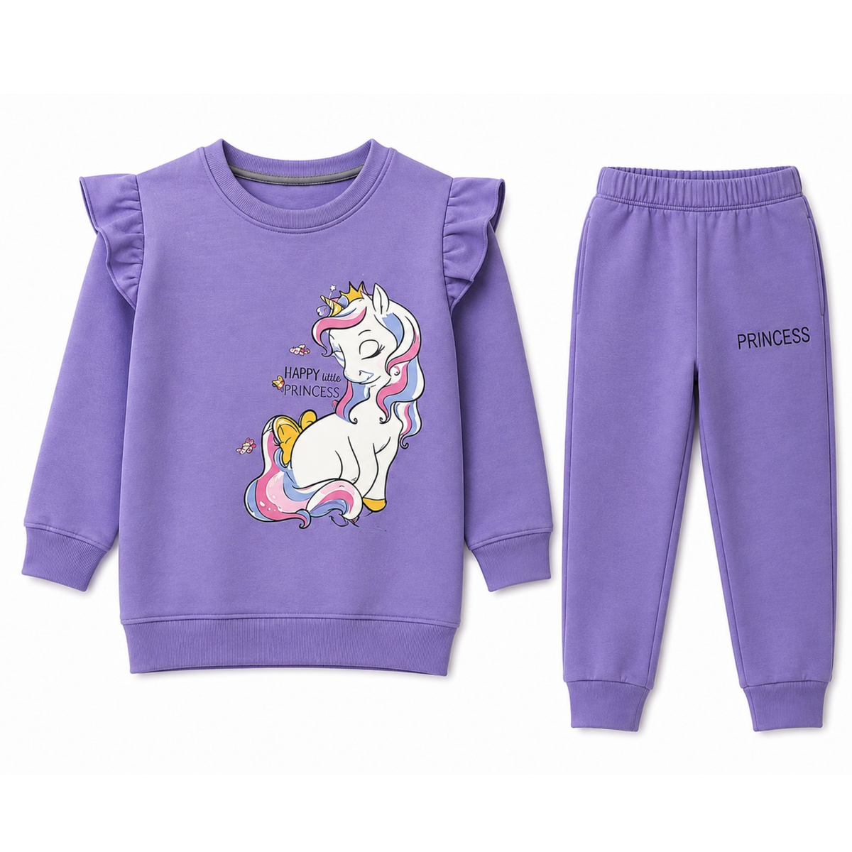 Girls Purple Unicorn "Happy Little Princess" Ruffle Sweatshirt & Jogger Set