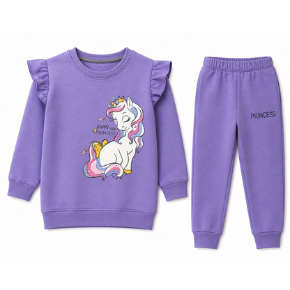 Girls Purple Unicorn "Happy Little Princess" Ruffle Sweatshirt & Jogger Set