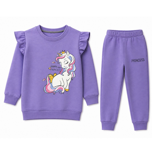 Girls Purple Unicorn "Happy Little Princess" Ruffle Sweatshirt & Jogger Set