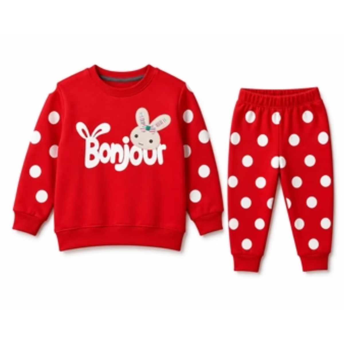 Girls Red Polka Dot Bunny "Bonjour" Sweatshirt & Jogger Set