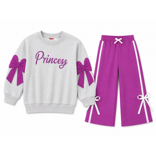 Girls Princess Bow Fleece Tracksuit – Purple