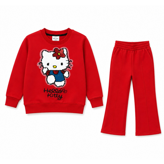 Girls Red Kitty Sequin Tracksuit