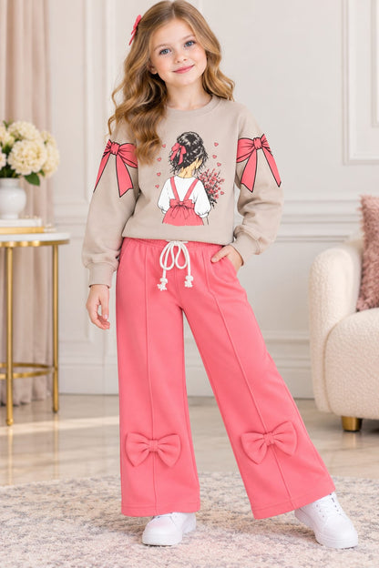 Girls Pink Bow Sweatshirt & Trouser Set