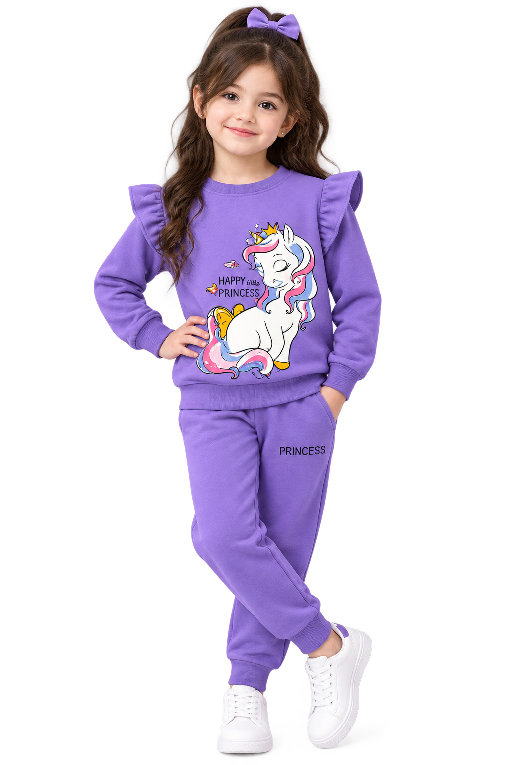 Girls Purple Unicorn "Happy Little Princess" Ruffle Sweatshirt & Jogger Set