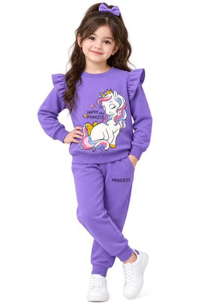 Girls Purple Unicorn "Happy Little Princess" Ruffle Sweatshirt & Jogger Set