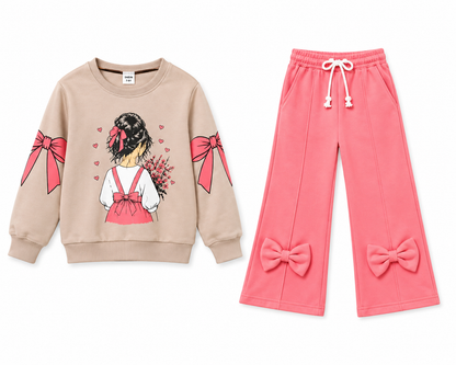 Girls Pink Bow Sweatshirt & Trouser Set