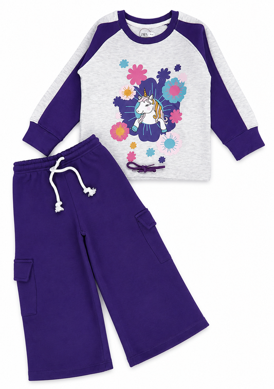 Girls Purple Unicorn Printed Winter Tracksuit