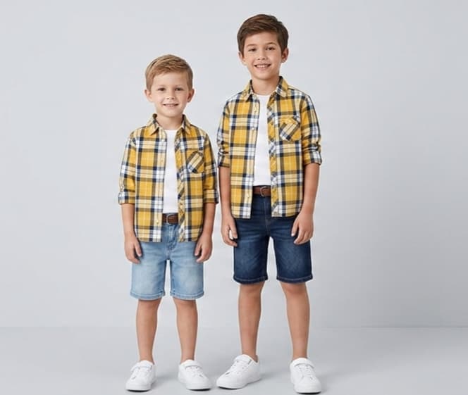 Boys Check Shirt Denim Shorts Set