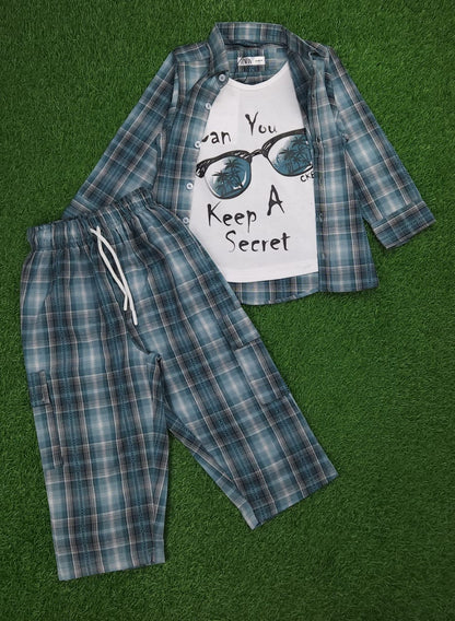 Boys Teal Check Shirt & Shorts Set