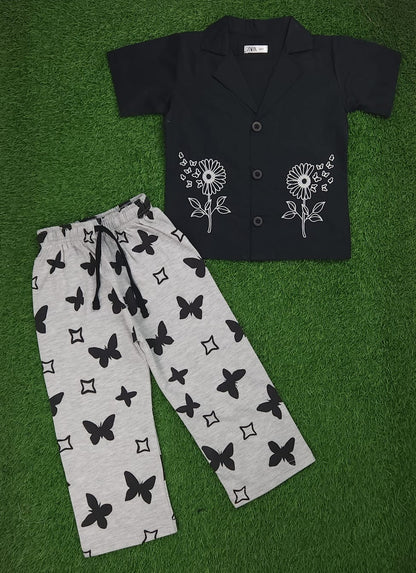Girls Black Floral Butterfly Pants Set