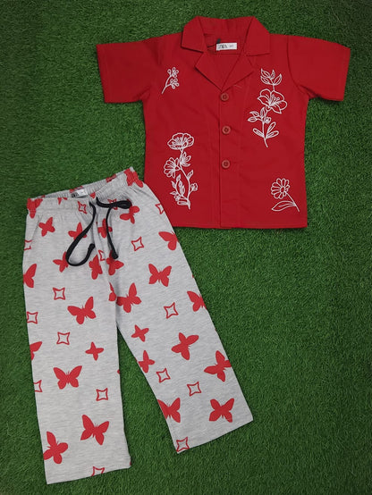 Girls Red Floral Butterfly Pants Set