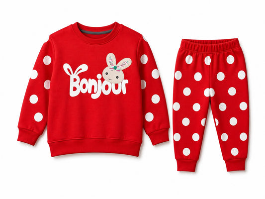 Girls Red Polka Dot Bunny "Bonjour" Sweatshirt & Jogger Set