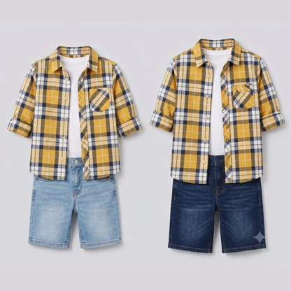 Boys Check Shirt Denim Shorts Set