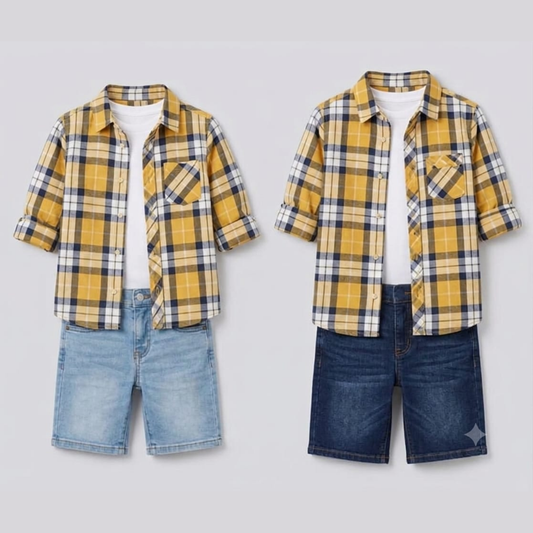 Boys Check Shirt Denim Shorts Set
