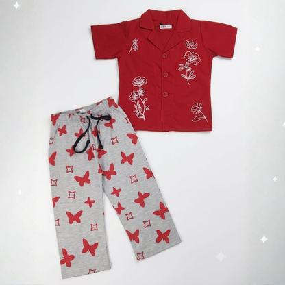 Girls Red Floral Butterfly Pants Set
