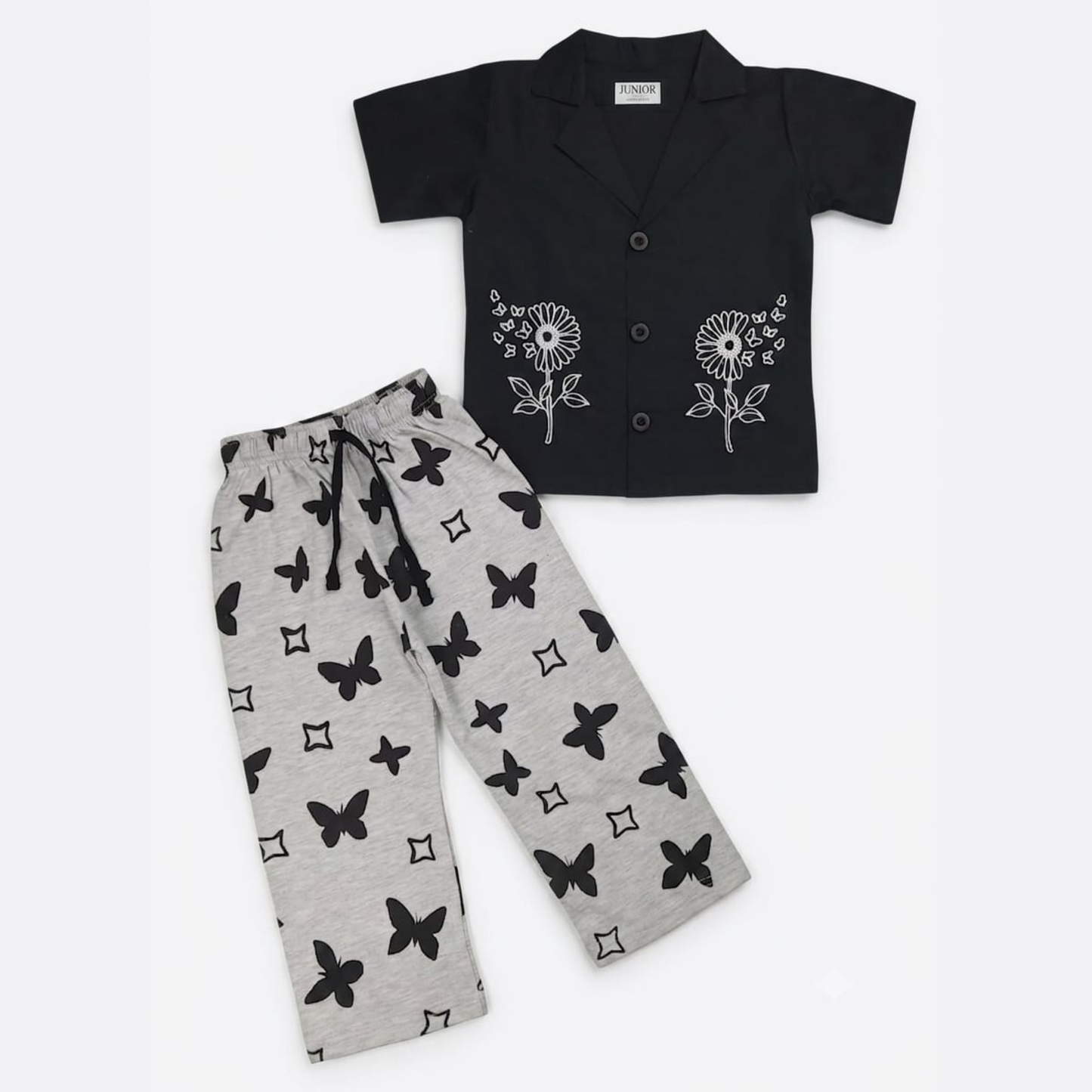 Girls Black Floral Butterfly Pants Set
