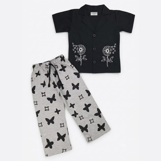 Girls Black Floral Butterfly Pants Set