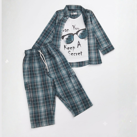 Boys Teal Check Shirt & Shorts Set