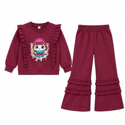 Girls Burgundy Ruffle Tracksuit