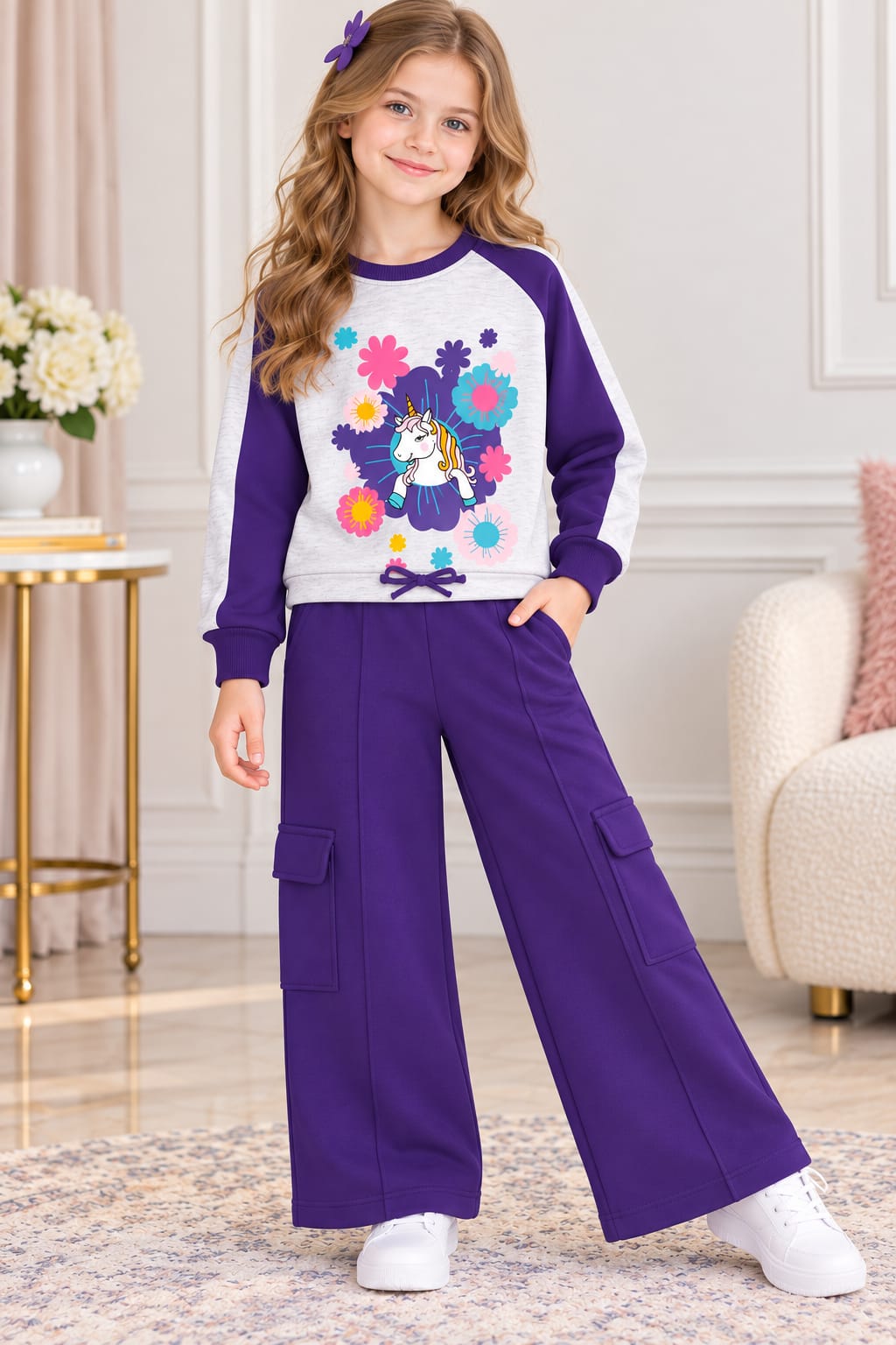 Girls Purple Unicorn Printed Winter Tracksuit